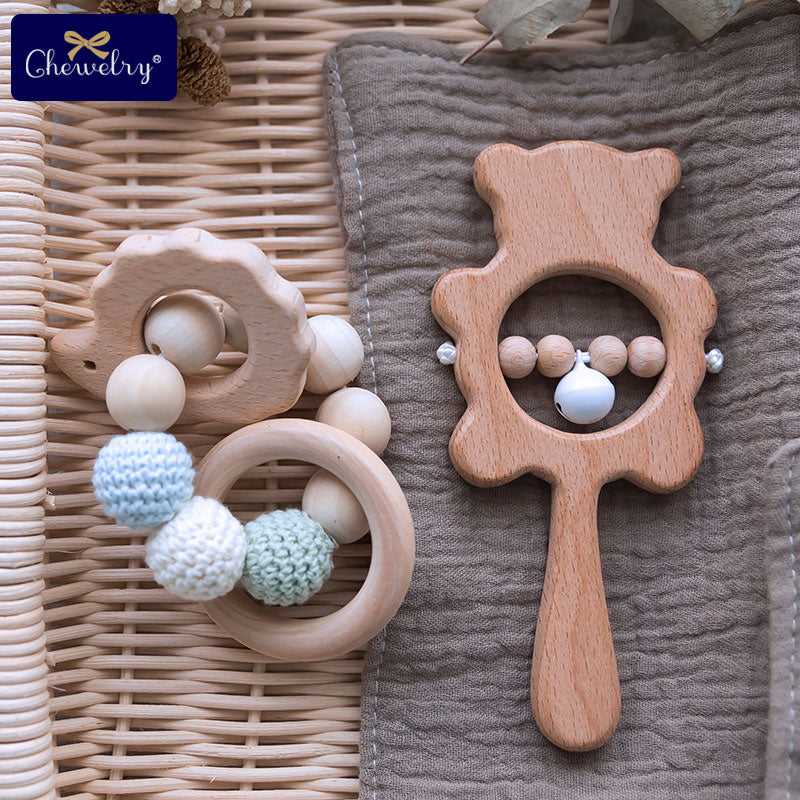 Wooden Teether Rattle - Natural Wood Beads - Non-Toxic and Handmade - Baby Teething Toy