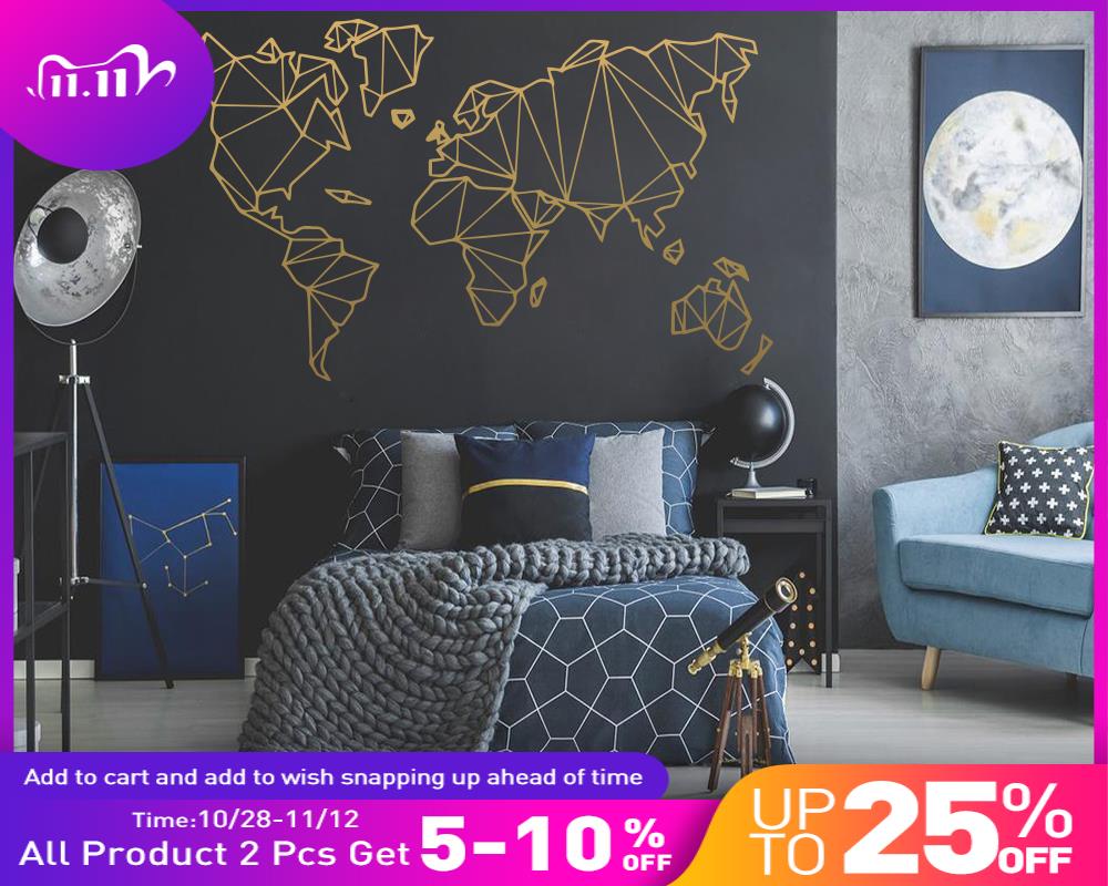 Large Size Geometric World Map Wall Sticker Vinyl Mural for Home Decor