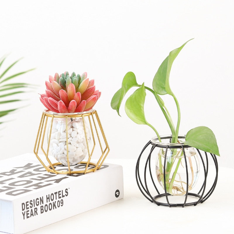 Nordic Iron Golden Hydroponic Glass Vase Creative Home Ornaments Living Room Desktop Decoration Geometric Flower Plant Vase
