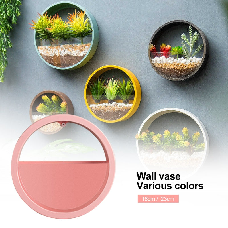 Wall Vase Art Solid Color Bonsai Round Vase Artificial Flower Basket Wall Planter Pot Colored Stone Hanging Vases for Home Decor