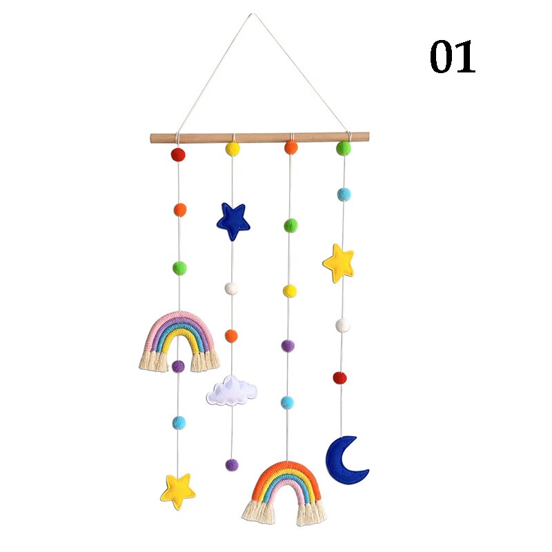 Kids Room Decoration - Handmade Weaving Rainbow Wall Hanging Ornaments with Felt Ball, Wooden Stick, and Tassel Pendant