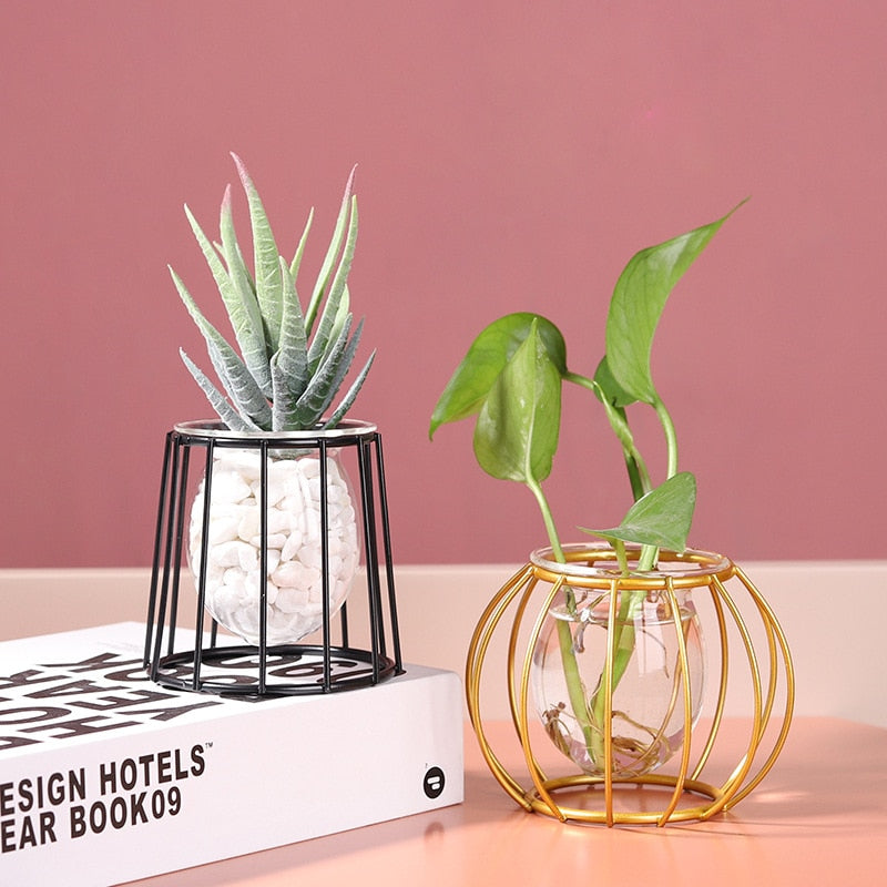 Nordic Iron Golden Hydroponic Glass Vase Creative Home Ornaments Living Room Desktop Decoration Geometric Flower Plant Vase