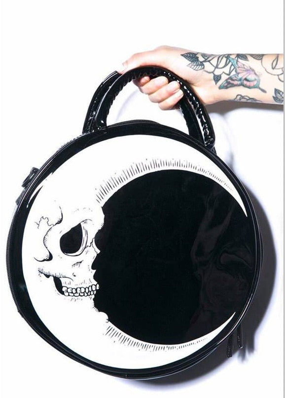 Punk Dark Skull Gothic Cross Body Bag - Thunder Flash Print, Moon Messenger, Round Harajuku Handbag