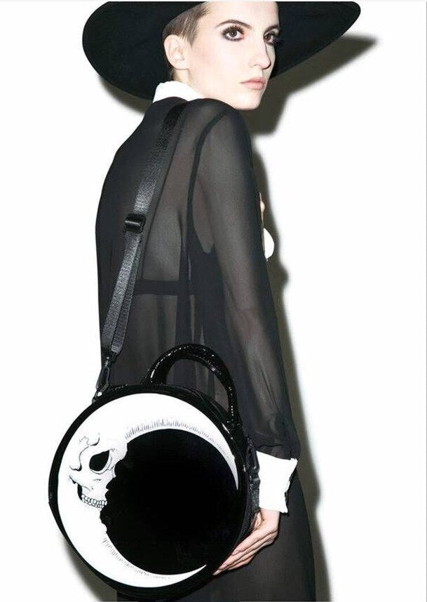 Punk Dark Skull Gothic Cross Body Bag - Thunder Flash Print, Moon Messenger, Round Harajuku Handbag