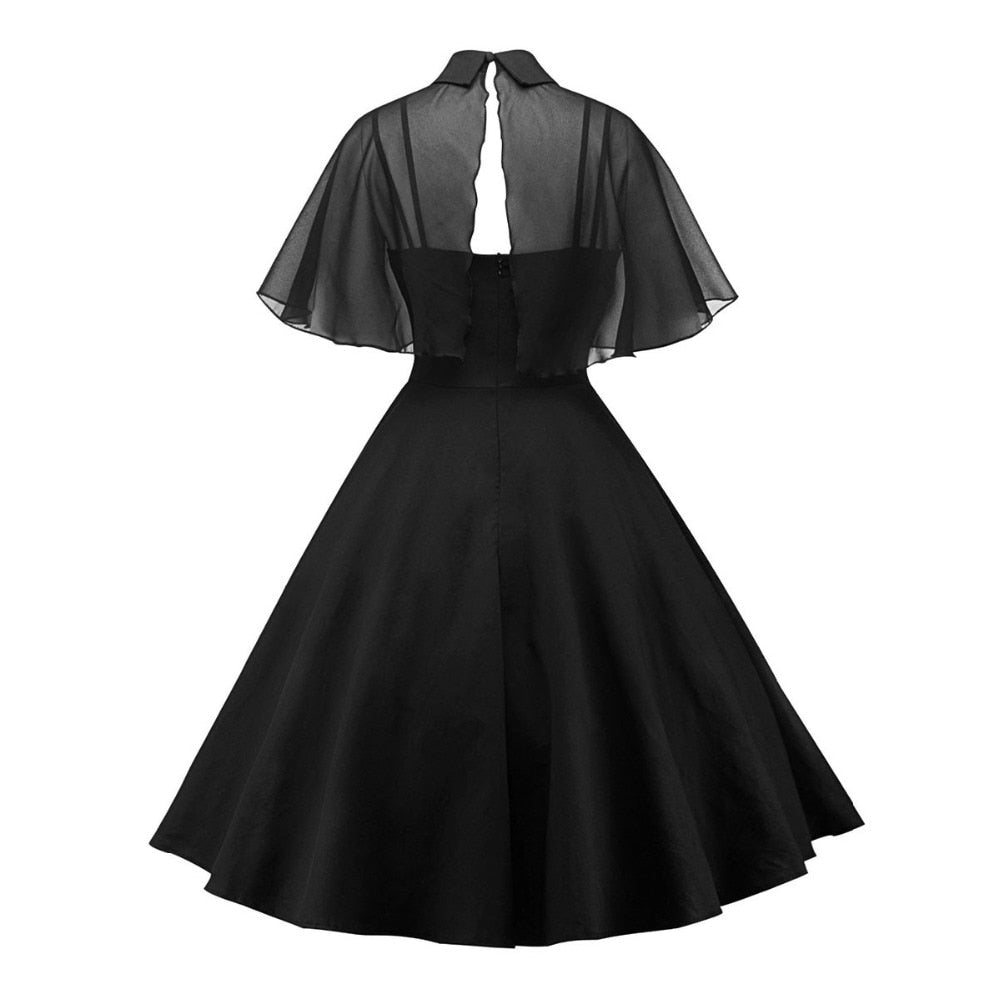 Women Vintage Gothic Cape Black Dress w/ Peter Pan Collar