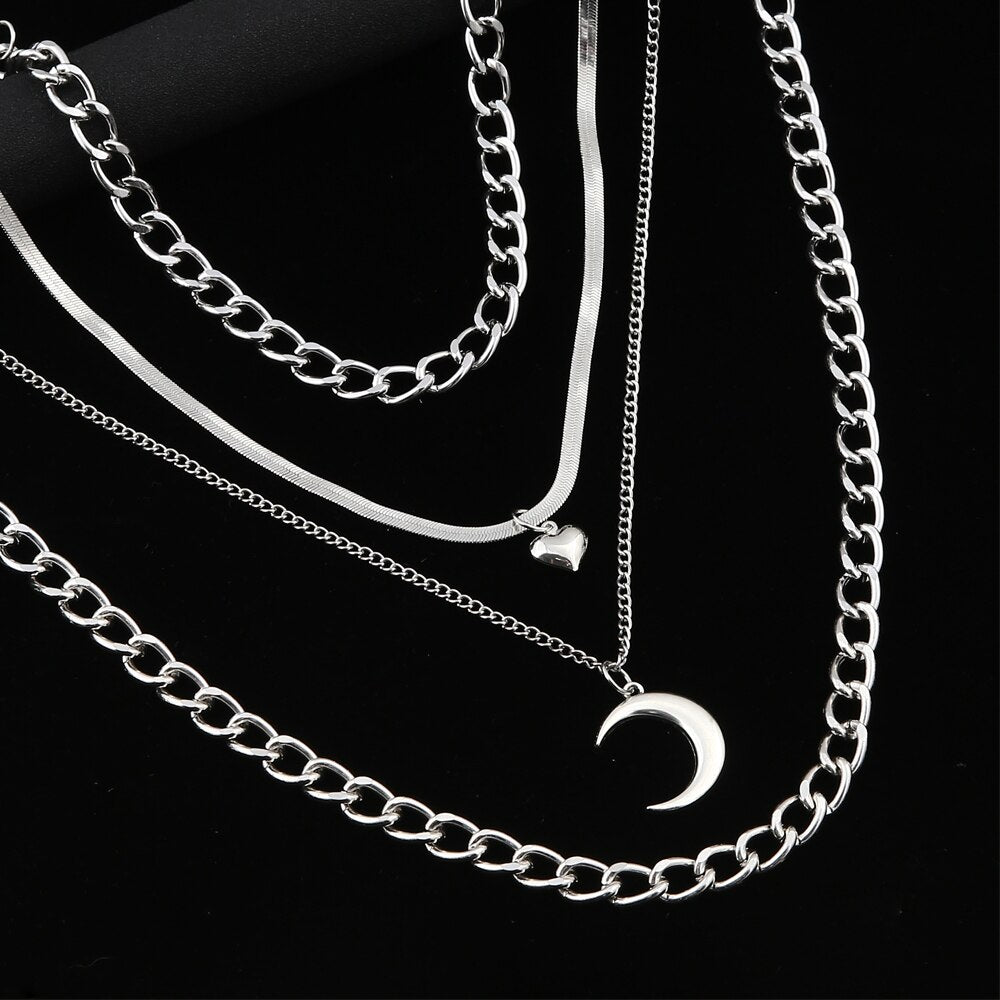 4pcs/Set Layer Moon Pendant Necklace and Chain