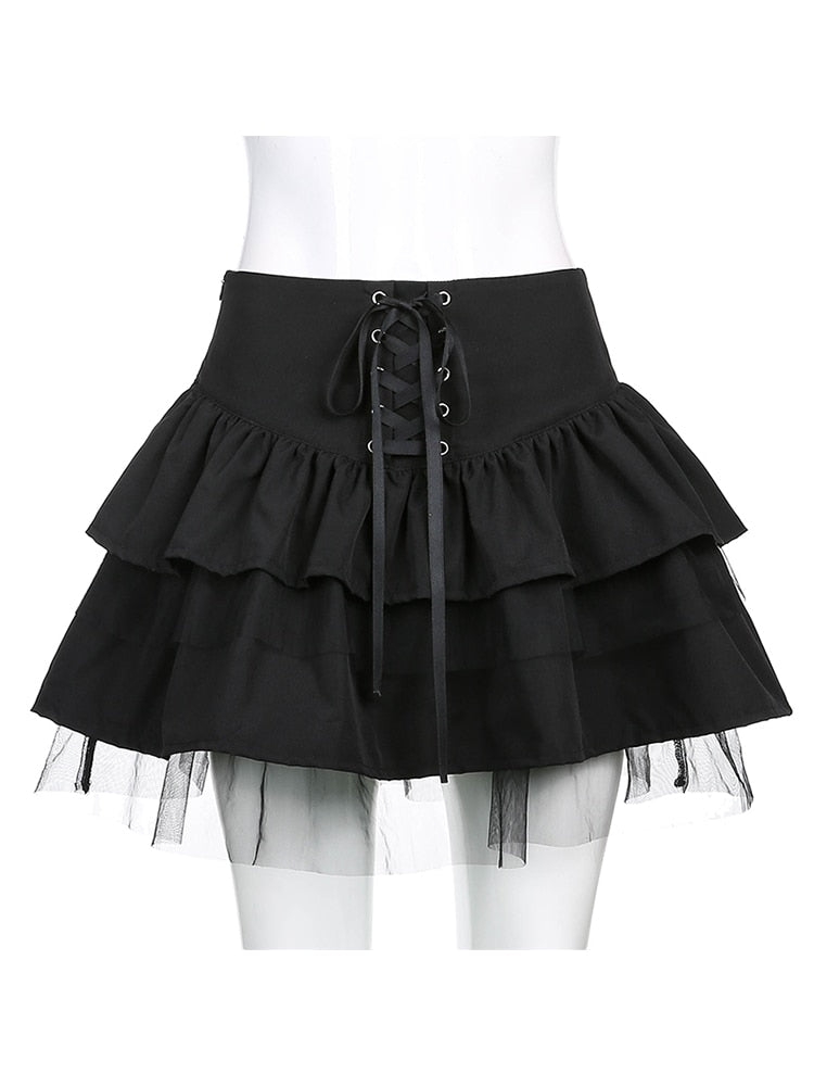 Black Punk Goth Lace-Up Pleated Skirt