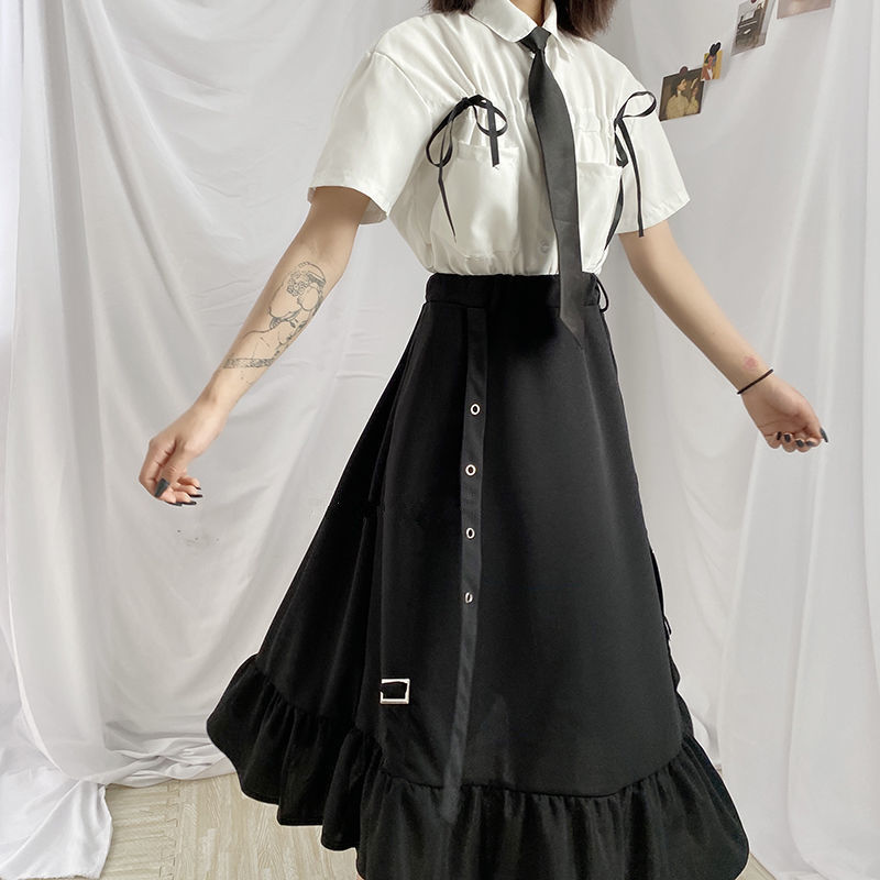 Women Skirts High Waist Style Dark Vintage Ruffle Long A-line Skirts