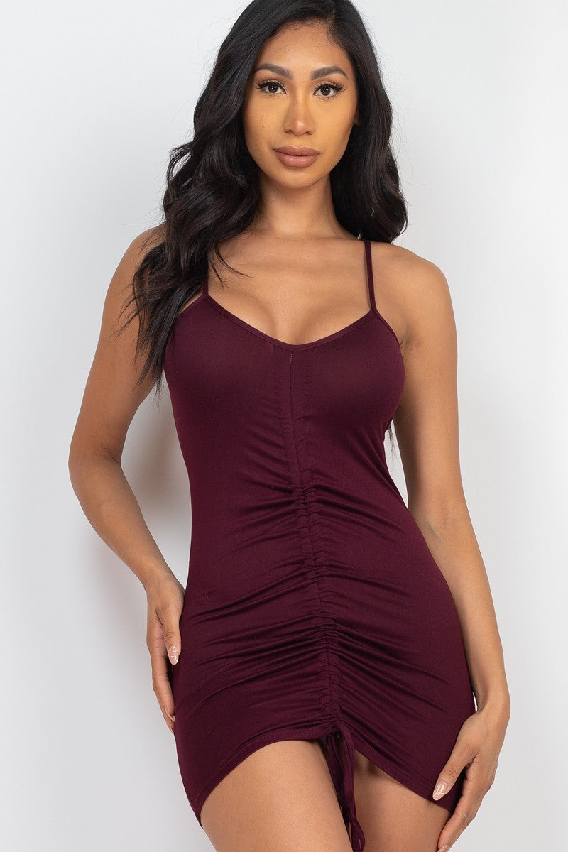 Wine Colored Adjustable Ruched Front Detail Mini Dress