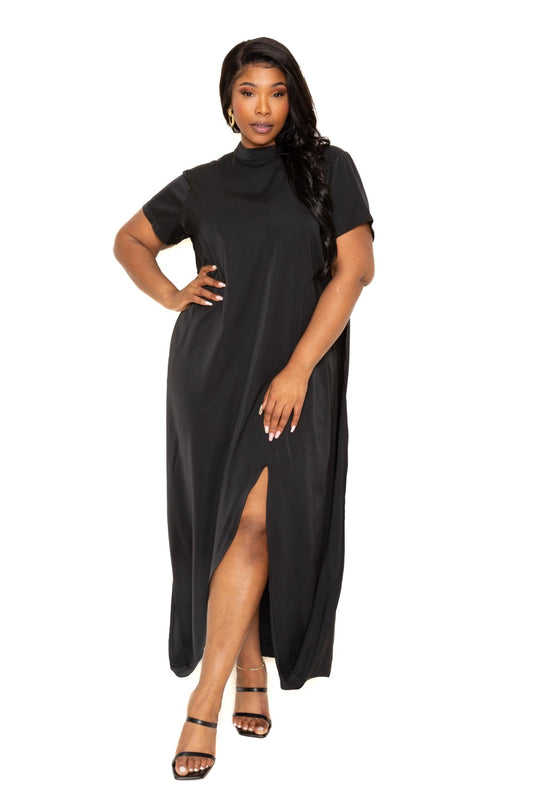 Imported Mock Neck Back Cape Dress in Black - Plus Size