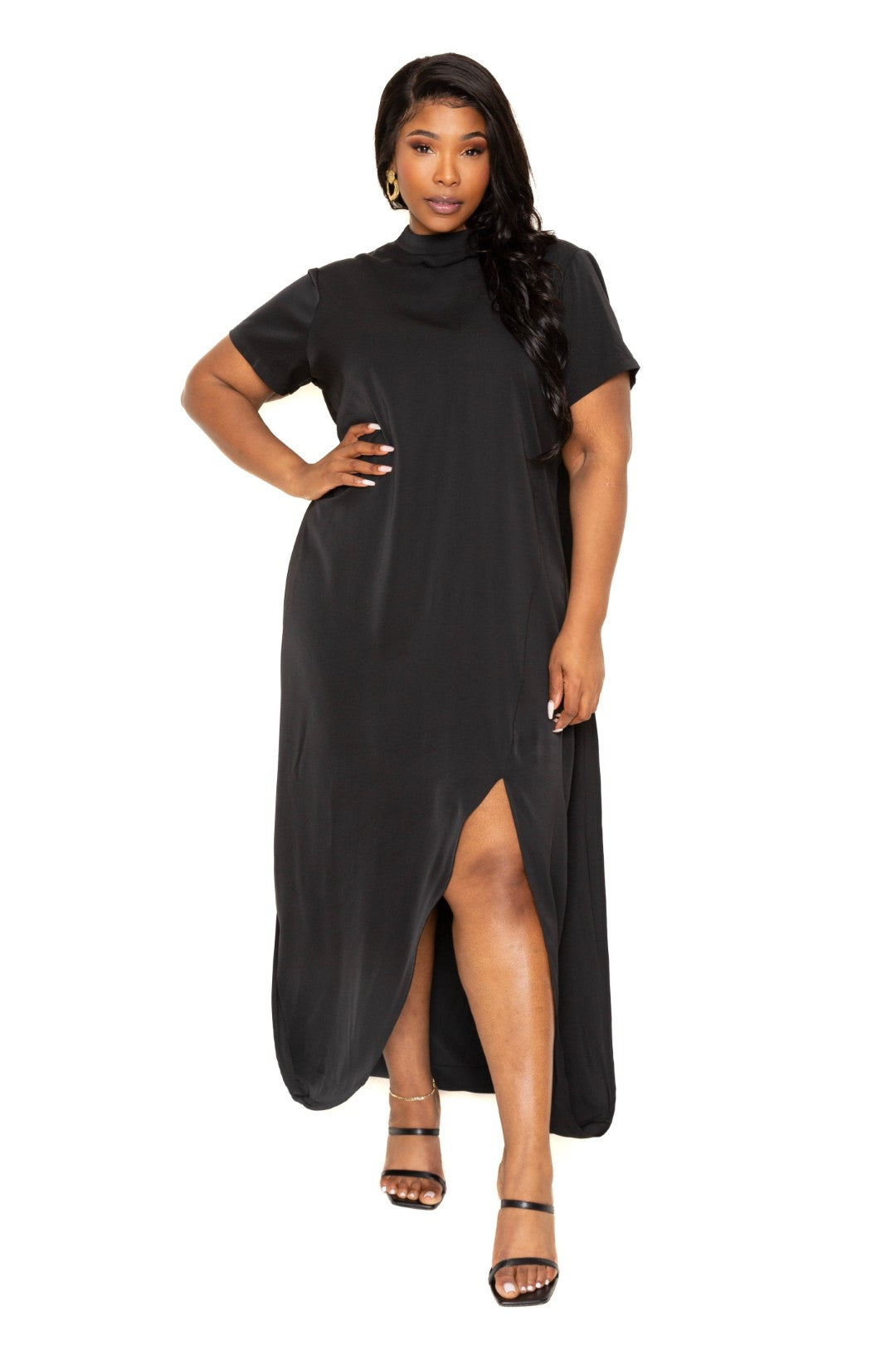 Imported Mock Neck Back Cape Dress in Black - Plus Size