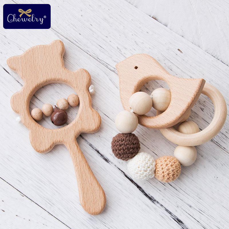 Wooden Teether Rattle - Natural Wood Beads - Non-Toxic and Handmade - Baby Teething Toy