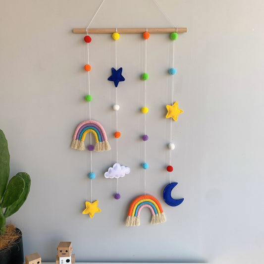 Kids Room Decoration - Handmade Weaving Rainbow Wall Hanging Ornaments with Felt Ball, Wooden Stick, and Tassel Pendant