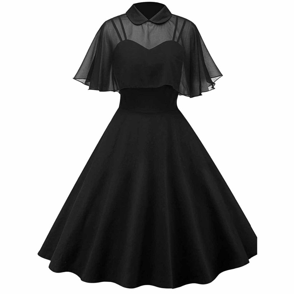 Women Vintage Gothic Cape Black Dress w/ Peter Pan Collar
