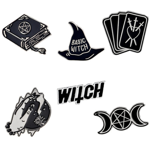 Witch Wizard Magic Book Tarot Hat Ball Triple Moon Brooch Dark Punk Halloween Metal Enamel Pins For Women Men Fashion Jewelry