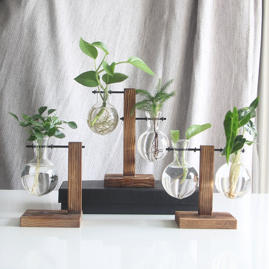 Glass Vase Home Decoration Wooden Stand Vase Desktop Creative Hydroponic Home Garden Office