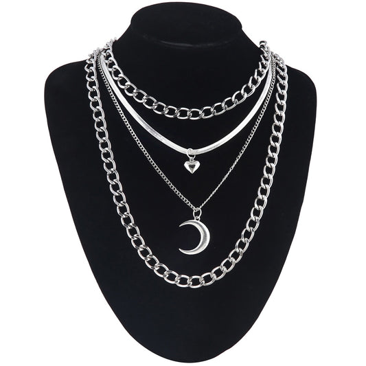 4pcs/Set Layer Moon Pendant Necklace and Chain